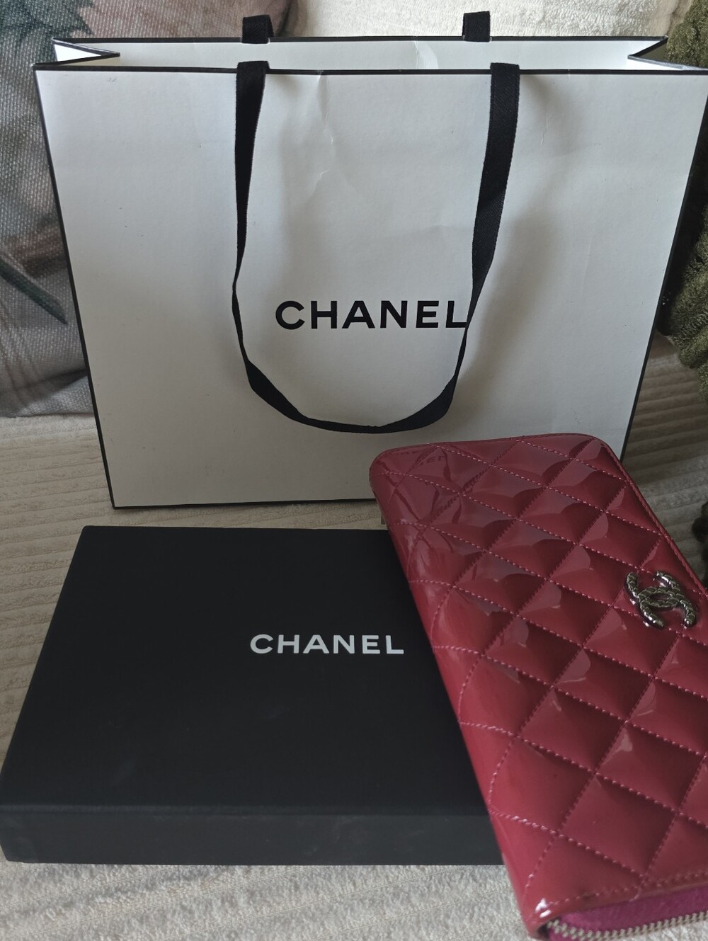 Chanel Deep Red Quilted Patent Leather Zip Wallet w/Silver Tone CC. Bag And Box